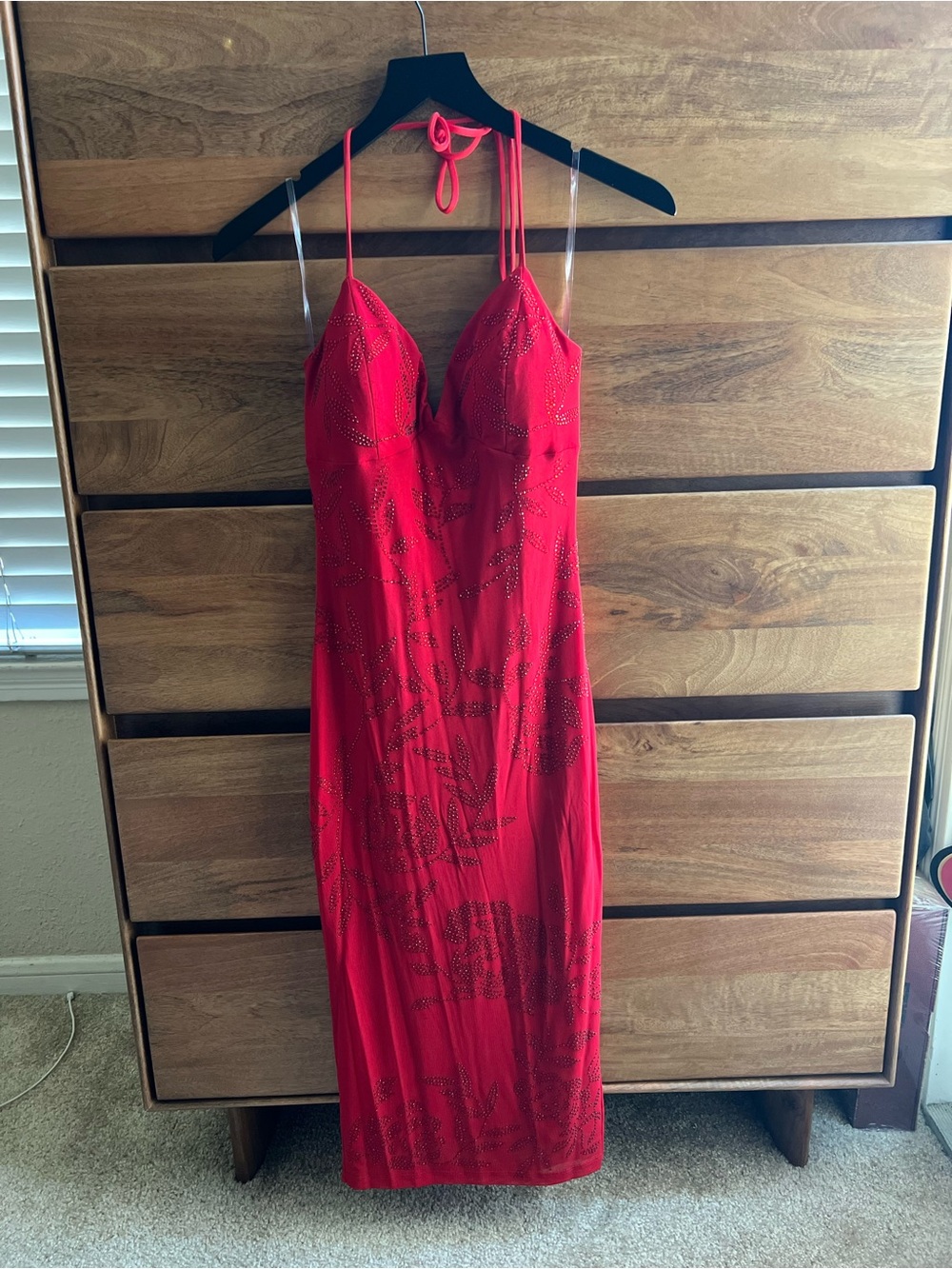 Windsor Red Halter Midi Dress with Embellished Detail